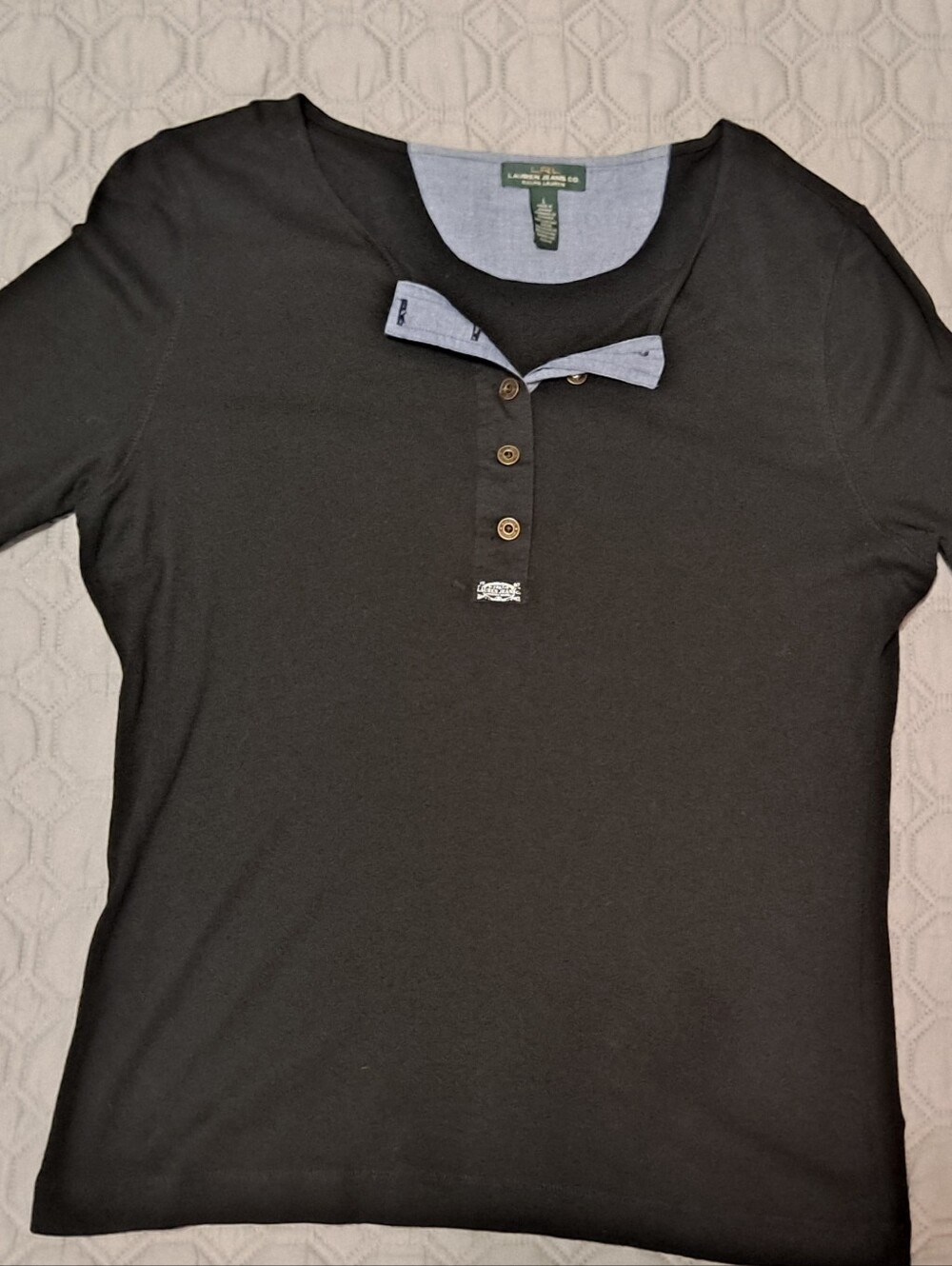 Lauren Ralph Lauren Black 3/4 Sleeve Henley with Light Blue Trim Size L